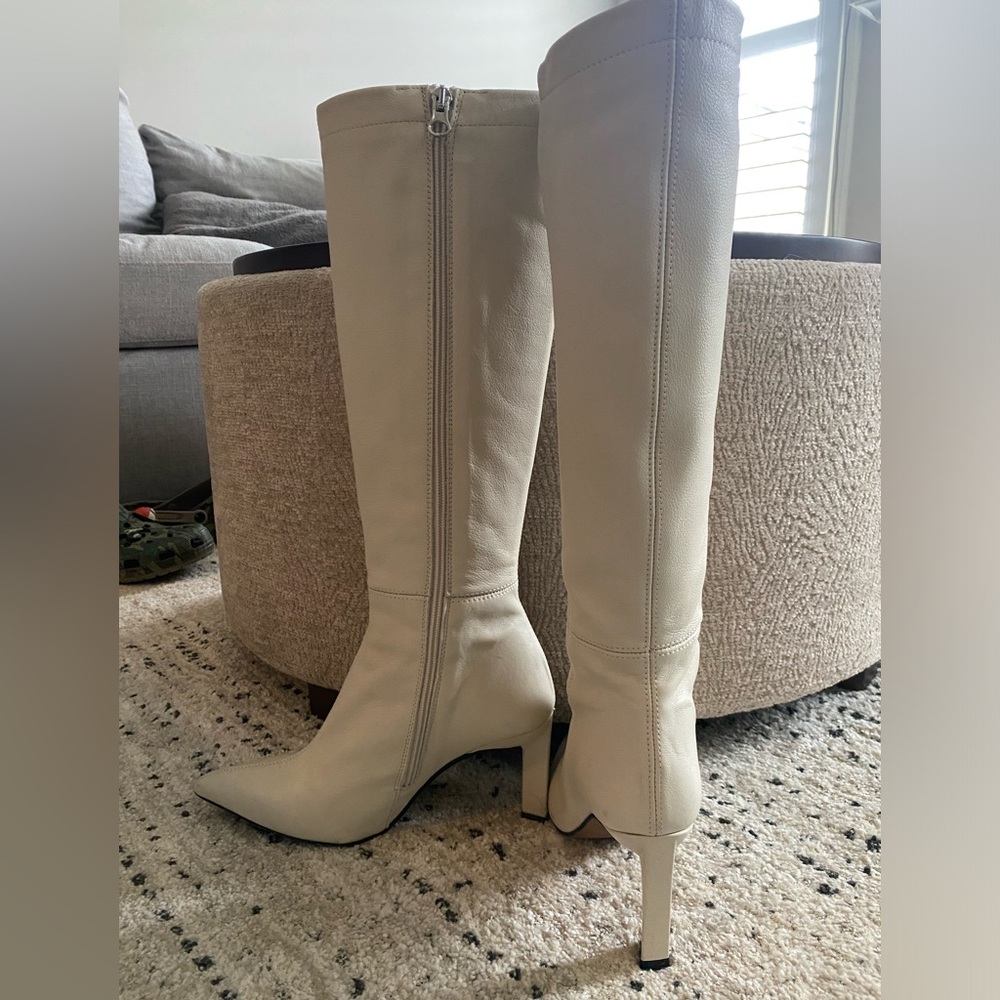 Women's Knee-High Pointed Toe Leather Boots - Cream - Picture 4 of 4